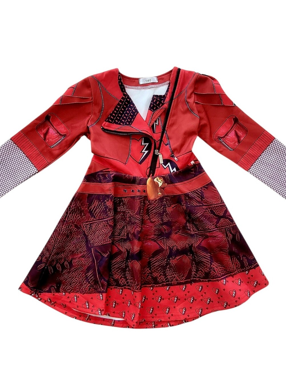 Girls Descendants Rise of Red Dress Gloves Costume Evie Heart Necklace Size 9-10